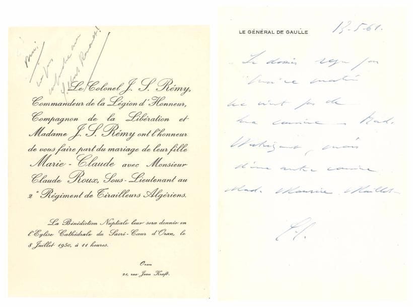 Charles de GAULLE (1890-1970). P.A.S. « C.G. », 13 mai 1961 ; 1 page in-8 à son en-tête (trous d’agrafe).
« Le dossier reçu par moi ce matin ne vient pas de ma cousine Mad. Watrigant, mais d’une autre cousine Mad. Maurice Maillot ».
On joint le faire-part du mariage de la fille du colonel J.S. Rémy, Compagnon de la Libération (Oran 8 juillet 1950), avec note autogr. de De Gaulle : « Moi – ne pas confondre avec Gilbert Renault ! »