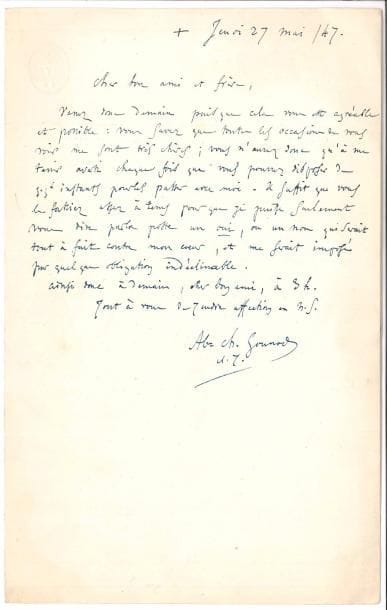 Charles GOUNOD (1818-1893). L.A.S. 27 mai 1847, au pianiste Camille Stamaty ; demi-page in-8, adresse avec cachet cire noire et dorée marqué d’une croix.
Lettre écrite comme abbé, alors qu’il se préparait à la prêtrise. « Venez donc demain puisque cela vous est agréable et possible : vous savez que toutes les occasions de vous voir me sont très chères ; vous n’aurez donc qu’à me tenir averti chaque fois que vous pourrez disposer de quelques instants pour les passer avec moi. Il suffit que vous le fassiez assez à tems pour que je puisse seulement vous dire par la poste un oui, ou un non qui serait tout à fait contre mon cœur, et me serait imposé par quelque obligation indéclinable »…
On joint une L.A.S. de Joseph Napoléon Ney, prince de la Moskowa, à Camille Stamaty, Paris 17 juillet [1852 ?], en faveur de Gustave Canoby.