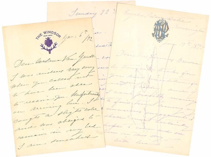 Adelina PATTI (1843-1919) cantatrice. 3 L.A.S., [1877-1895] ; 6 pages in-8, un en-tête The Windsor, une à son chiffre ; en anglais.
Dimanche 22 [avril ou juillet 1877 ?], à une amie [la cantatrice Marie Van Zandt]. Elle est ravie d’apprendre qu’elle va venir avec la fameuse Sorcière demain soir, et s’attend à ce qu’elle reste dîner avec sa chère maman… New York 6 janvier 1892, à la cantatrice Jenny Van Zandt. Elle s’est enrhumée, et a dû rester au lit ; elle va mieux, mais ne chantera pas tant qu’elle n’ira pas tout à fait bien, dans un jour ou deux selon le médecin… Kensington 19 juin 1895, à Mrs. Lennox Browne, remerciant pour son aimable invitation ; si elle peut trouver le temps parmi ses nombreux engagements, elle ne manquera pas de venir la voir… On joint une photographie (carte postale).