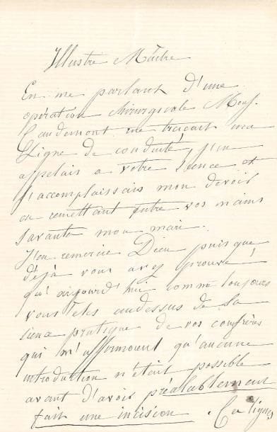 Olympe Pélissier, Madame ROSSINI (1799-1878) courtisane célèbre, elle fut l’amie, entre autres, d’Eugène Sue et de Balzac avant d’épouser Rossini. L.A.S., [début novembre 1868 ?, au Dr Auguste Nélaton] ; 2 pages in-8.
Sur les derniers jours de Rossini [opéré par Nélaton les 3 et 5 novembre, le compositeur mourra d’une infection post-opératoire le 13 novembre 1868]. « En me parlant d’une opération chirurgicale Mons. Caudemont me traçait ma ligne de conduite, j’en appelais à votre sience et j’accomplissais mon devoir en remettant entre vos mains savantes mon mari. J’en remercie Dieu puisque déjà vous avez prouvé qu’aujourd’hui comme toujours vous êtes au-dessus de la sience pratique de vos confrères qui m’affirmoient qu’aucune introduction n’était possible avant d’avoir préalablement fait une incision. Ces lignes sont tracées par l’appréhension qu’un mot de moi puisse avoir une double interprétation à vos yeux, si heureuse de constater le résultat inespéré de vos visites de votre prestige moral, qui au présent comme dans l’avenir soumettra mon cher être nerveux à votre obéissance »…
On joint une P.A.S. d’Auguste Nélaton : certificat médical pour Jules Bernard (6 mai 1864, 1 p. in-8).