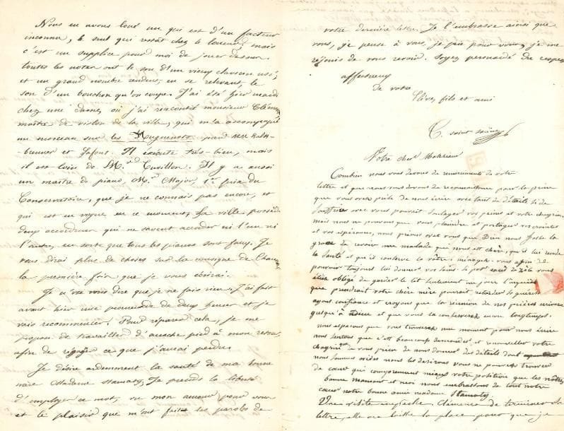 Camille SAINT-SAËNS (1835-1921). 6 L.A.S., 1845-1846, à Camille Stamaty ; 11 pages in-8 ou in-12, adresses.
Belle correspondance de jeunesse à son professeur de piano.
[Paris] 30 juillet 1845. Âgé de 10 ans, il se réjouit de la sévérité de son maître : « La manière dont vous vous êtes fâché l’autre jour, ainsi que toutes les autres leçons, me prouve l’amitié que vous avez pour moi. Aussi je vous aime tous les jours davantage ». Il a fait une grande promenade avec sa nourrice et sa petite sœur et a dormi douze heures…
Wassy 2 août 1846, à la suite d’une lettre de sa grand-tante Mme Masson née Gayard (donnant des nouvelles de la famille). Il raconte à son « bon maître » son voyage de Paris à Wassy et ses activités : « Le piano de M. Fourier est vieux, mou et dur ; et celui d’une de mes cousines, qui est la mairesse du pays, a l’air d’avoir été cassé à coups de marteau. Hier, dimanche, en l’honneur des fêtes de juillet on a illuminé les promenades et l’on a dansé. Un orchestre de trois instruments s’essoufflait pour jouer en même temps une demi-douzaine de chansons, les lampions laissaient tomber des gouttes enflammées, les ifs s’enflammaient et la canaille… Je ne finirais pas de vous détailler cette horrible fête »…
Wassy 9 août 1846, à la suite d’une lettre de sa mère Clémence Saint-Saëns. Comme sa mère, il s’inquiète de la santé de Mme Stamaty et s’ennuie loin de son maître : « je partage vos tourments, et je voudrais qu’il fut en mon pouvoir de les faire finir » ; et il termine : « J’ai aujourd’hui 11 ans moins deux mois ».
Chaumont 26 août 1846. « Dans le pays des aveugles, les borgnes sont Rois ». Il a joué à Wassy : « Le meilleur piano du pays ressemble beaucoup à mon carré, et comme personne ne sait, j’ai été porté jusqu’aux nues, même quand je jouais à vous mettre en fureur. Ma sonate de Beethoven a fait un effet colossal, qu’elle fait encore à Chaumont. J’ai été au couvent, où j’ai trouvé un piano mauvais et faux, sur lequel je ne pouvais faire