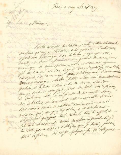 François TALMA (1763-1826) le grand tragédien. L.A.S., Paris 5 avril 1809, [à Germaine de Staël] ; 2 pages et demie in-4 (portrait joint).
Magnifique lettre du célèbre tragédien à Madame de Staël.
« Votre aimable invitation, votre lettre charmante ne font qu’augmenter mon désir extrême d’aller vous offrir mon hommage dans le beau pays que vous habitez. Ce seroit assurément un grand bonheur pour moi que de converser avec vous sur un art que j’ai tant aimé et dans lequel vous déployez […] cet esprit, cette âme qui distinguent si éminemment vos ouvrages ». Sa lettre a réveillé son « ancienne passion », et il « brule de vous faire part de toutes mes réflexions, de toutes mes idées, d’en puiser de nouvelles dans vos entretiens ; et sans doute cette imagination si vive dont vous a douée la nature ranimeroit encore la mienne, qui, un peu refroidie, a maintenant abandonné presqu’au seul calcul tous les effets de cet art charmant »… Mais il craint que cet été il ne soit forcé de quitter Paris pour une destination opposée… Il tient également à la remercier de la note qu’elle a insérée sur lui dans Corinne ». Il lui explique ensuite ce qu’il a voulu apporter au théâtre : « Ayant été élevé en Angleterre on a cru et on a dit que j’avais cherché à fondre la manière des acteurs anglais dans la nôtre. J’étois trop jeune alors pour fréquenter les spectacles et pour donner une grande attention à un art auquel je ne me destinois pas à cette époque. Une sorte d’instinct, d’inspiration m’a porté à mettre dans mes déclamations un ton naturel et pourtant élevé, et le temps et l’expérience m’ont prouvé que les grands effets de la scène, ces émotions profondes que le spectateur emporte avec lui et qu’il ne peut oublier ne peuvent être produits que par des accents simples et vrais comme la nature. Les effets obtenus d’une autre manière peuvent satisfaire jusqu’à certain point, mais ne remuent point les âmes, et ne restent pas dans le souvenir des hommes »… Il la quitte dans l’espoir de