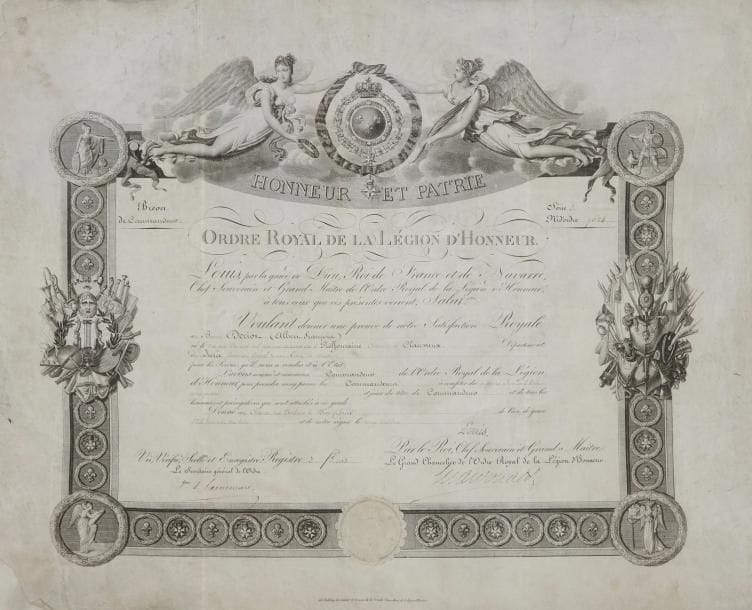 FRANCE
ORDRE DE LA LÉGION D’HONNEUR, institué en 1802
Brevet de commandeur au nom du Baron DERIOT, « Lieutenant Général de nos armées en retraite ».
Sur vélin.
Fait le 10 février 1818. Signé du Vicomte Sainmars et du Maréchal Macdonald
43 x 52 cm

Albert François DERIOT (1766-1836), Général de division, Chambellan de l’empereur Napoléon 1er
