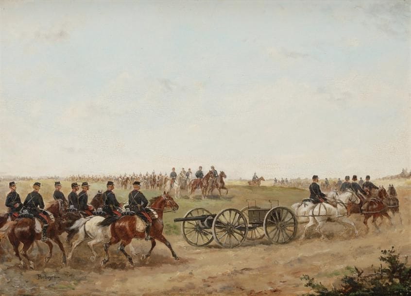 Paul PERBOYRE (1851-1929). École française.
L’Artillerie en grande manœuvre, vers 1880
Huile sur panneau, signée en bas à gauche.
32,5 x 24 cm
Encadré. 