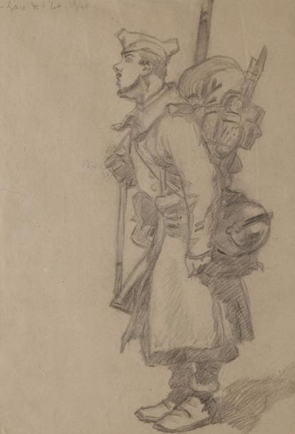 Edmond-édouard LAPEYRE (1880-1960)
Soldat français à la gare de l’Est, 1940
Dessin à la mine de plomb, signé et titré en haut à gauche.
25 x 18 cm 