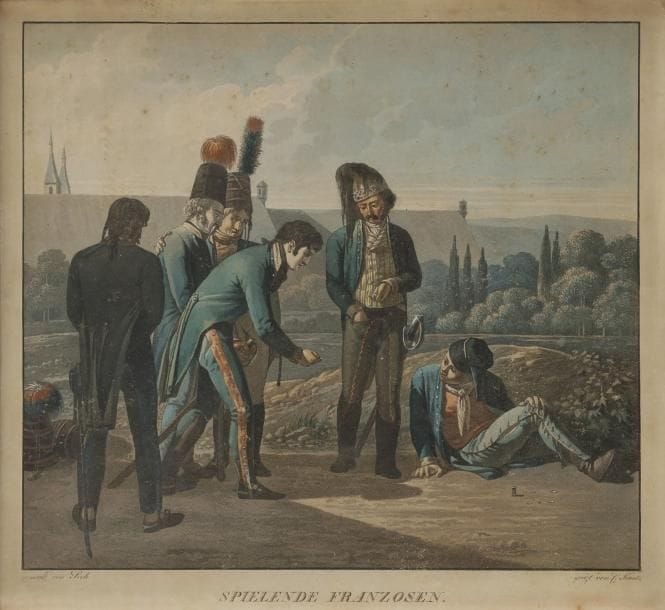 Johann SEELE (d’après)
Spielende Franzosen. Chasseurs français jouant. Époque révolutionnaire.
Aquatinte par Kuntz.
30 x 31 cm
Sous verre. Cadre doré.
A.B.E. 