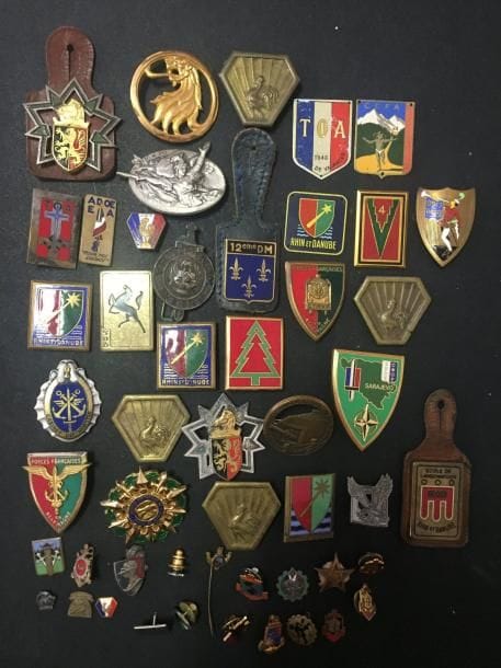 FRANCE – GRANDES UNITÉS
Un lot de 30 insignes dont CEF, Centre de jeunesse et de santé CCFA, TOA, 5DB, AURES NIMCHA ? 12 DB, cm 70, SFOR, SCA dont un en argent Forces françaises en Allemagne.
On joint 20 miniatures dont CEFEO.
B.E. (Quelques attaches manquantes).