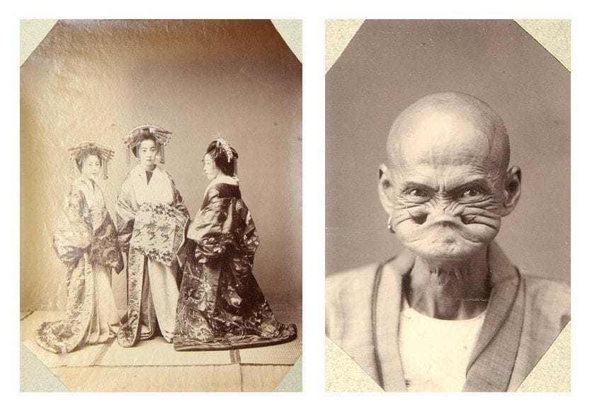 Japon, c. 1870-1890
Morimoto, saltimbanque-grimacier japonais à Kyoto. Paysans. Komusos, secte de mendiants à Isé. Dames japonaises, Kyoto. Château de Nagoya. Temple, hôtel et pagodes de Nikko (détails, intérieurs et extérieurs). Mine de cuivre près de Nikko. Lac de Hakoné. Tonosawa. Temple de Higezuri-Iwa près de Miogi. Tour de Tennongi à Osaka. Ile de Enoshima. Allée de cryptomerias. Temple de Isé. Nagasaki, vue générale et temple de Suwa. Takaboko près de Nagasaki. Temples de Nara (cerfs sacrés, Kasuga-no-Yashiro, temple du Bouddha colossal). Vue de montages à Myanoshita. Kyoto. Sanctuaire de Shiba et temple des glycines à Tokyo. Grand hôtel et grande rue à Ikao. Lac de Biwa. 63 épreuves sur papier albuminé (dont quelques unes rehaussées à l'aquarelle) et huit cartes de visite, montées sur feuillets légendées à l'encre (52). Quelques légendes en anglais ou calligraphiées en japonais aux versos ou dans le négatif. Formats moyens : de 9 x 6 à 21 x 27 cm.