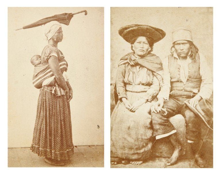 Brésil. Pérou. c. 1870-1880
Marchandes. Femmes et enfants. Album contenant 13 cartes de visite (épreuves sur papier albuminé, montées sur carton. 9 x 5,5 cm) par divers photographes (Marc Ferrez, Rio de Janeiro ; Alberto Henschel, Rio de Janeiro ; Paulo Ernesto Meyer ; Courret Hermanos, Lima). On joint six reproductions en carte de visite par Courret Hermanos (Lima).