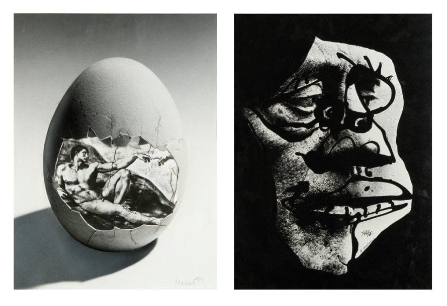 Antonio Galvez (né en 1928)
& A. Saura Portraits déformés. c. 1975. Deux photomontages (épreuves argentiques d'époque), montés sur cartons et signés par les deux artistes. 50,5 x 37 cm. Cadres. On joint un photomontage encadré, signé par Krasno.