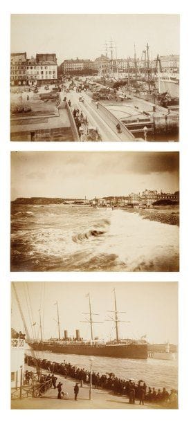 E.Letellier
Souvenir du Havre. L'Hôtel Frascati. c. 1870- 1880. Album oblong, titre en lettres dorées sur le premier plat, contenant 12 épreuves sur papier albuminé. Légendes imprimées et mention du photographe sur les supports. Format des épreuves : 22 x 31 cm. On joint : Six épreuves sur papier albuminé par E. Letellier, Neurdein Frères et Caccia, montées sur cartons légendés. Vue générale du Havre. Départ de la Champagne. Hôtel de Ville. Panorama. Place Gambetta. Plages. c. 1870. Formats des épreuves : 21 x 27 et 23 x 31 cm. Neuf épreuves sur papier albuminé, montées sur cartons légendés. Steamers, c. 1870 (La Champagne, La Bretagne, La Bourgogne) et aménagements intérieurs, Le Havre. Formats des épreuves : 21,5 x 28 cm.