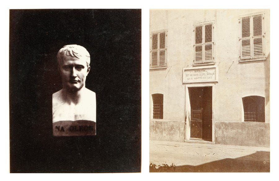 Album de la famille Bonaparte. 1866. Reproduction des portraits originaux légués à la ville d'Ajaccio par Madame Mère par Léonard de St Germain Photographe à Nice. Album en percaline rouge, orné des armoiries de la famille Bonaparte sur le premier plat, titre en lettres dorées sur le dos, contenant 38 épreuves sur papier albuminé : 32 reproductions d'oeuvres et documents relatifs à la famille Bonaparte ainsi que 6 photographies (20,5 x 15 cm) montrant les lieux de Corse se rapportant aux Bonaparte (maison natale de Napoléon Ier. Vue de la Chapelle Bonaparte...).