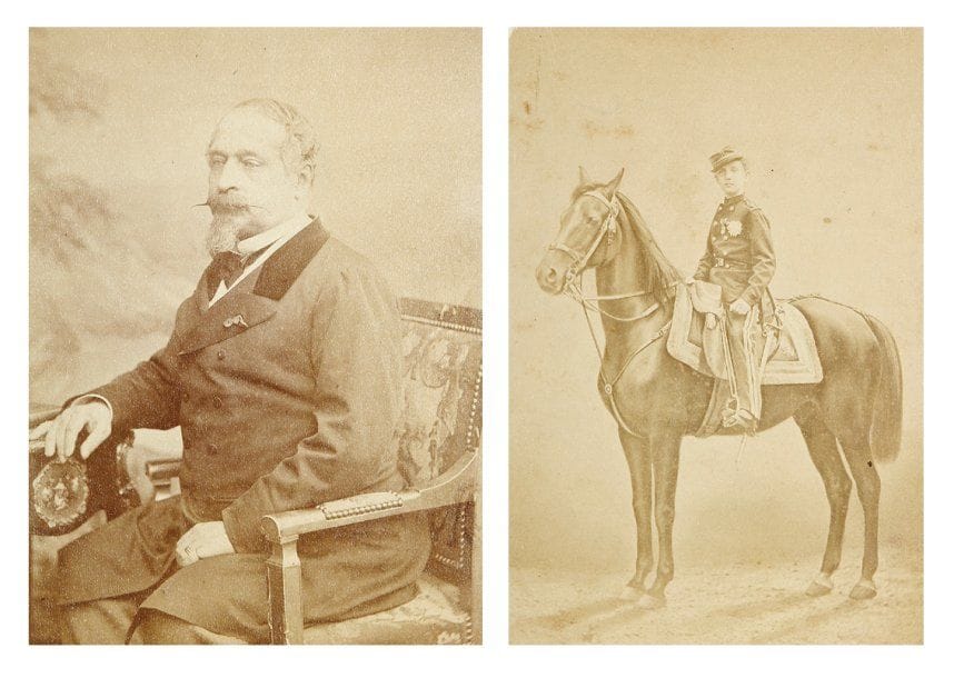 Personnalités. Cartes de visite, c. 1860-1875. Napoléon III. Le Prince Impérial. Charles Lucien Bonaparte. La reine Victoria. Officiers. Noblesse française. Politique. Littérature. Médecine. Clergé. Danse. Album contenant 108 cartes de visite et neuf cartes cabinet (épreuves sur papier albuminé, montées sur carton. 14 x 10,5 et 9 x 5,5 cm), par divers photographes (W. & D. Downey, Disdéri, Nadar, Pierre Petit, Carjat, Reutlinger, G. Spingler, Franck, Berthier, Alexander Bassano...). On joint trois documents sur la famille Bonaparte.
