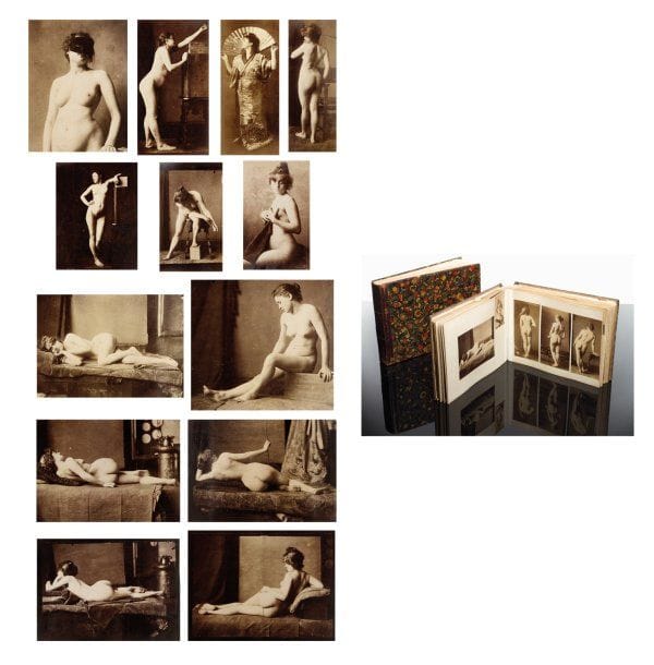Album de nus, c. 1890. Album oblong, contenant 121 épreuves sur papier albuminé. Formats : de 7 x 4,5 à 15,5 x 19,5 cm. Les Nabis, le nu et le japonisme La paire d'albums que nous présentons, reliés uniformément de plats japonisants, a été découvert il y a plus d'une trentaine d'années dans une maison du Haut Finistère où se trouvait également un tableau de Paul Sérusier. Si leur appartenance certaine à Paul Sérusier ne peut être prouvée à l'heure actuelle, leur rattachement au mouvement Nabi fait peu de doute. Il s'agit bien là d'albums de peintre. L'album de nus, par les poses suggérées, par l'attitude pudique des modèles, par sa composition même, a certainement été constitué à l'usage d'un artiste souhaitant conserver sur lui une déclinaison de vues montrant le corps féminin sous différents points de vue. Quant à l'album japonais, estampes et photographies y ont été entièrement entremêlées, souvent en vis-à-vis l'un de l'autre, par sujet, par composition ou par esprit de recherche et de synthèse. L'ensemble de ces éléments nous laisse penser qu'il s'agit également de l'album personnel d'un peintre, intéressé par le japonisme et ayant séjourné en Bretagne dans les années 1890-1900. Nous savons l'intérêt du groupe Nabi pour le japonisme. « Les Nabis découvrirent à travers les estampes japonaises un art qui répondait à leur quête d'authenticité et de simplicité primitive, mais aussi à leur conception d'un art non imitatif. » Nombre d'entre eux, parmi lesquels Maurice Denis, Pierre Bonnard, Edouard Vuillard, Paul Ranson, Paul Gauguin, mais aussi Paul Sérusier, possédaient des collections personnelles d'estampes japonaises, très largement diffusées à Paris à la fin du XIXe siècle et que l'on pouvait trouver chez des marchands tels que Siegfried Bing ou dans les grands magasins. L'ensemble de ces éléments confirme une appartenance possible à Paul Sérusier ou à son entourage. Les recherches actuelles ne permettent cependant pas encore de déterminer comment ce magnifique