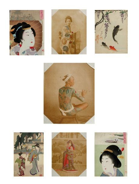 Japon, XIXe siècle
Album d'estampes et de photographies japonaises comprenant : - pour les estampes : 12 planches par Toshikata de la série «36 beautés immortelles», 20 planches par Chikanobu, 16 planches par Gekko, 3 planches par Yoshitoshi dont deux de la série «Kôkoku nijûshikô», les 24 accomplissements dans le Japon impérial, 2 planches par Hiroshige, une par Kuniyoshi, une par Toyokuni III, 3 par Hokkei, une par Masayoshi, et quelques surimono et pages d'album découpées. - pour les photographies : 49 épreuves sur papier albuminé, rehaussées et colorisées à l'aquarelle (Scènes de rue. Mont Fuji. Temples. Moine bouddhiste. Geishas. Rituels. Tatoué. Intérieurs. Comédiens. Marchands), par Beato, Kimbei et divers. Formats des épreuves : 9 x 14 et 20,5 x 26 cm. Cet album est présenté en collaboration avec le cabinet d'expertise Thierry Portier (26 bd Poissonnière 75009 Paris - Tél.: 01 48 00 03 41)