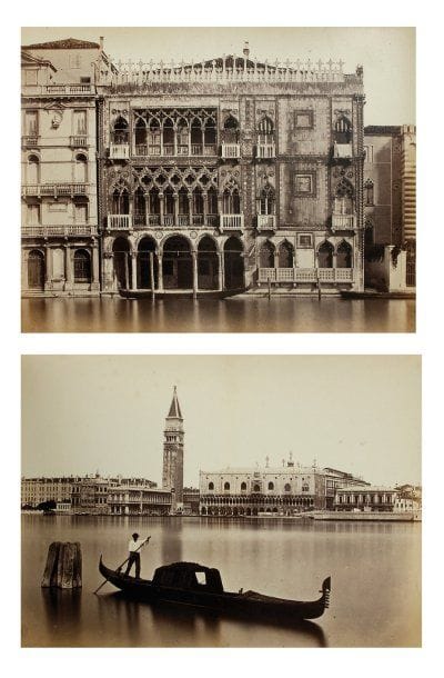 Carlo Ponti (1820-1893)
Souvenir photographique de Venise. c. 1865. Gondoles. Place Saint-Marc. Palais Ducal. Eglise Saint Marc. Pont des Soupirs. Grand Canal. Grande porte de l'Arsenal. Palazzo Spinelli Taglioni. Rialto. Palazzo Vendramin. Palazzo Pesaro. Eglise Sainte-Marie des Frari, Canal Grande vu de l'Académie des Beaux- Arts. Album oblong, titré en lettres dorées «Album Fotografico» sur le premier plat, contenant 24 épreuves sur papier albuminé. Légendes manuscrites aux versos des supports. Format moyen des épreuves : 26 x 35 cm. En fin d'album, quatre épreuves sur papier albuminé. Rome et Milan.