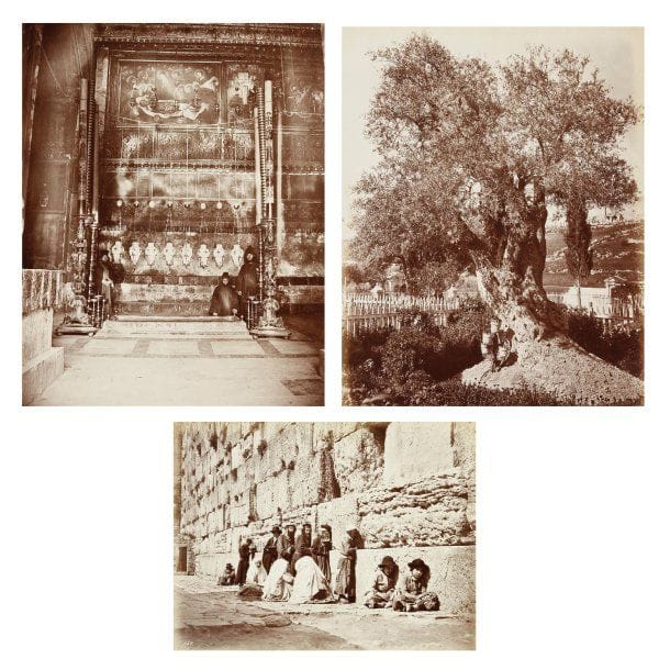 Félix Bonfils (1831-1885) - G. Saboungi (actif c. 1870)
Voyage en Terre Sainte. c. 1870. Jaffa. Ramléh. Jérusalem : Portes, Saint Sépulcre, Mosquée d'Omar, Mur des Lamentations, Via Dolorosa, Eglise Saint-Anne. Fontaine de la Vierge. Siloé. Vallée de Josaphat. Jardin de Gethsémanie. Bethléem. Couvent de Mar-Saba. Jourdain. Villages. Mont Thabor. Tibériade. Nazareth. Mont Carmel. Album grand in-folio, en l'état, contenant 83 épreuves sur papier albuminé, signées dans le négatif et légendées dans l'image en bas pour la plupart. Format moyen : 21 x 27 cm. Photographies ramenées par le Révérend Père Herbin lors de son pèlerinage en 1882.