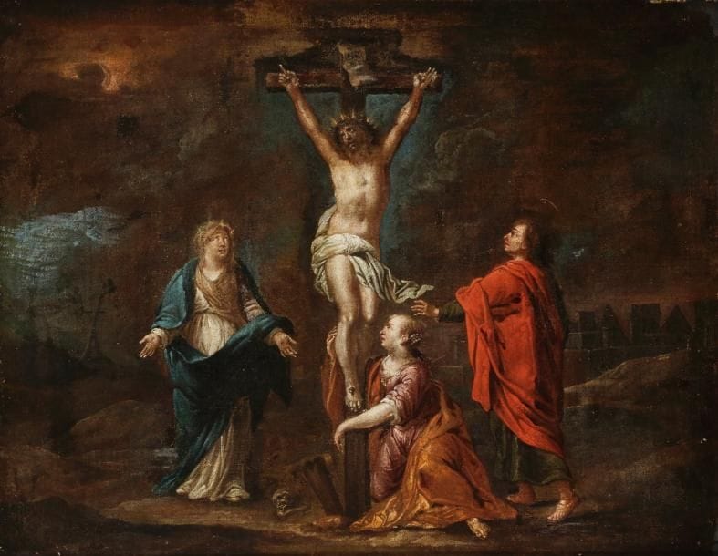 École FLAMANDE du XVIIe siècle 
Crucifixion 
Toile
40 x 50 cm
Importantes usures, restaurations ancienne