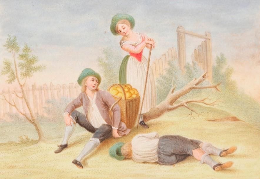 Peter (Pierre) MAŸR 
(Fribourg en Brisgau, 1758 - Munich, 1836)
Ses oeuvres sont représentées au Louvre, aux Landesgewerbe Museum, Stuttgart ; Maximilian Museum, Augsburg ; National Museum, Munich. Deux miniatures sur vélin dans un Album Amicorum de 1801. 
Album Amicorum relié en cuir fauve marqué au petit fer en doré sur la couverture « GERARD » et sur la tranche « Souvenir de mes amis », dans son étui en carton, rect. 10 x 17 cm ; environ 75 feuillets non paginés dont 8 manuscrits de divers amis en français ou en allemand localisés à Augsbourg et Strasbourg en 1801, orné de deux miniatures sur vélin (peau de veau), signées et datées 1801