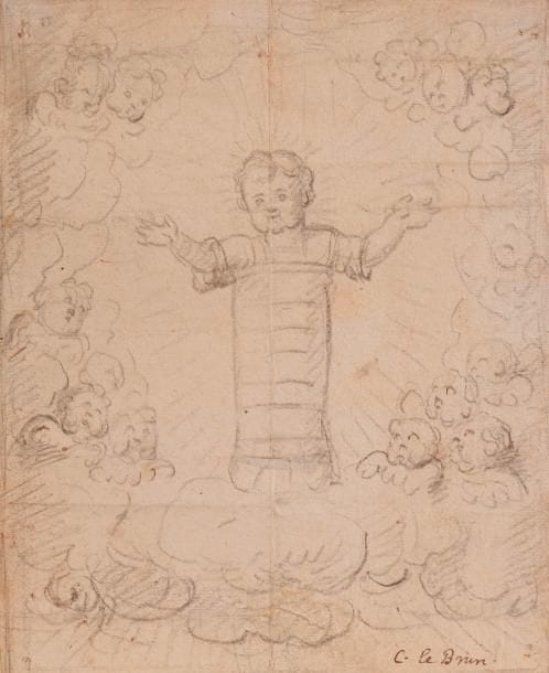 ÉCOLE FRANÇAISE du XVIIe siècle
Enfant Jésus entouré de chérubins
Crayon noir.
Annoté à la plume et à l’encre brune « C.Lebrun » en bas à droite. 
(Pliures et trous d’épingles). 
19,2 x 16,2 cm