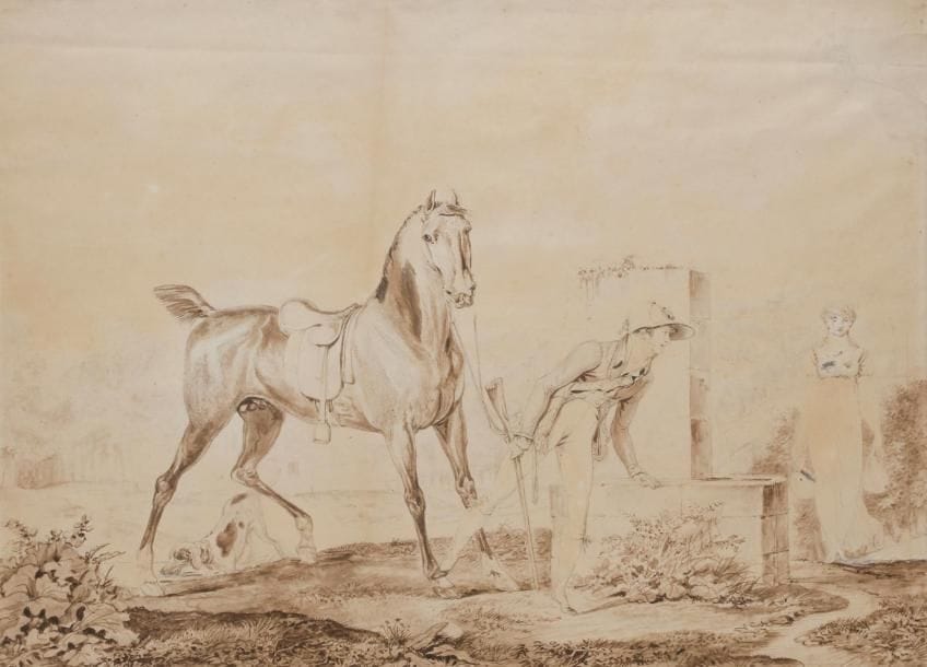 Attribué à Carle VERNET (1758-1836)
La Rencontre fortuite au puits
Plume, encre brune sur traits de crayon noir, lavis brun et gouache blanche.
(Mauvais état).
42 x 54 cm