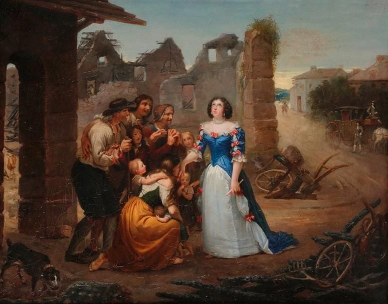 École FRANÇAISE vers 1830
La visite aux pauvres
Toile 
73 x 93 cm 
Restaurations anciennes