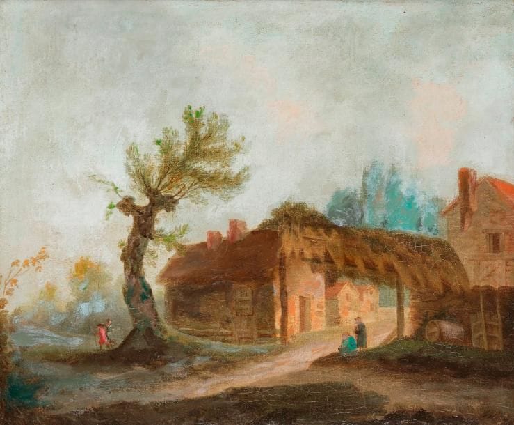 École FRANCAISE du XIXe siècle
L’entrée du village
Huile sur toile
38 x 46 cm
Porte au dos une indication à l’encre J. B Huet
(restaurations)