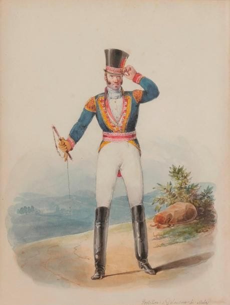 Attribué à Horace VERNET (1789-1863)
Une paire : un laquais et un postillon en costume de gala
Aquarelle sur traits de crayon noir.
Titrées en bas à droite.
Petites taches sur l’une d’elle. 
22 ,8 x 17,5 cm chacune