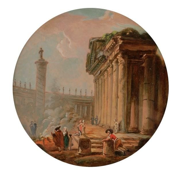 Vue animée et imaginaire de Rome, avec un foyer fumant au pied de la colonne Trajane 
Miniature à la gouache et aquarelle sur papier, vers 1820, diam à vue 7,6 cm
Cadre en bois noirci à visière de laiton doré, rect. 14,8 x 13,8 cm
Provenance : acquis à l’hôtel Drouot dans les années 1990