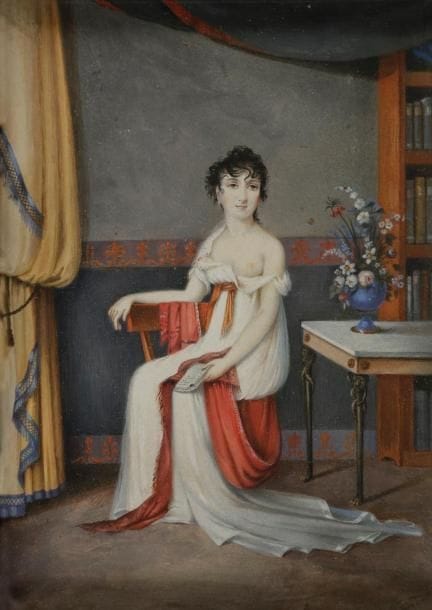 Portrait en pied d’une jeune femme tenant une lettre dans un intérieur, assise à une table près une bibliothèque, en déshabillé blanc, un sein découvert, le regard perdu.
Miniature à la gouache et aquarelle sur papier, XIXe siècle, rect. à vue 14,7 x 10,7 cm ; cadre rect. peint à l’imitation de la loupe et de l’ébène, 22,7 x 18,5 cm.
Provenance : acquis à l’hôtel Drouot, étude Pescheteau, 23 juin 1988, n°28 repr