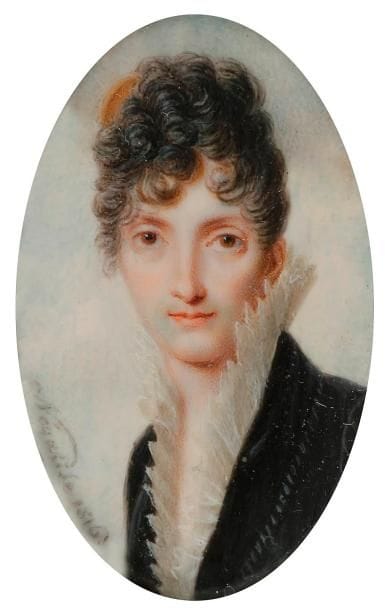NEGALISE (?) (actif en 1816)
Portrait présumé de Mme Gohin, née Arthur, en robe à décolleté en V bordé d’une haute collerette de dentelle blanche gaufrée, en buste de trois-quarts à gauche sur fond de ciel nuageux
Miniature sur ivoire signée et datée à gauche : Négalise ( ?) 1816
Ovale, 5,1 x 3,4 cm
Dans un cadre en bois noirci à visière de laiton doré, 11 x 9,5 cm
Provenance : acquis à l’hôtel Drouot, étude Poulain, 14 juin 1988, selon étiquette au verso.
Il pourrait s’agir d’un portrait commémoratif de Marie-Suzanne Arthur Gohin (1779-1807) épouse du marchand de peinture et de couleurs du Faubourg St Martin à Paris, Louis-Julien Gohin (1765-1834), et à laquelle furent dédiés Trois trios pour le forte piano par le compositeur Amédée Rasetti en 1799. Elle était fille d’horlogers et sœur d’un fabricant de papiers peints. Sources : Geneanet (Pierfit) et BnF. 
On retrouve le même type de robe portée par la duchesse de Bassano dans un émail de J-B. Isabey, 1811 (musée Cognacq-Jay).

On y joint : La Sybille de Cumes, d’après le Dominiquin
Miniature sur ivoire rect. 14 x 11,7 cm, XIXe siècle
Cadre en bois doré, rect. 15 x 13,3 cm