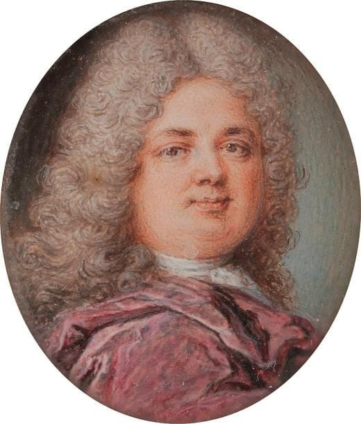 Portrait présumé du marquis d’Armaillé en perruque longue, en buste vers la droite dans un manteau pourpre
Miniature à la gouache sur vélin du début du XVIIIe siècle, à vue 3,6 x 3 cm
Identification ancienne au verso : Mis d’Armaillé
Dans un médaillon en or ciselé avec bélière et anneau de suspension, 4,2 x 3,3 cm, poinçon de garantie hibou 75, poids brut total : 14,50 g
Il pourrait s’agir de François-Pierre de La Forest d’Armaillé (1676-1743) châtelain de Craon en Anjou, fils d’un Conseiller au Parlement de Paris