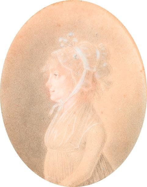 Très rare cadre à portrait miniature en tissus brodé de fils d’argent, fin XVIIe-début XVIIIe siècle, à visière ronde diam. 4,8 cm, revers en soie bleue (contenant un portrait de femme en robe bleue bordée de perles de la fin du XIXe siècle dans le goût du XVIIIe siècle, ovale 5,8 x 4,8 cm). Usures et petits accidents.
On y joint
- un portrait de femme en robe bleue foulard vert et rose au corsage, miniature de la fin du XVIIIe siècle (mouillures), diam. à vue 5,5 cm, cadre en bois doré diam. 8,5 cm (fentes et petits accidents, sans verre).
- une scène d’auberge, miniature du XIXe siècle diam. 7 cm, cerclée de laiton doré diam. 8 cm