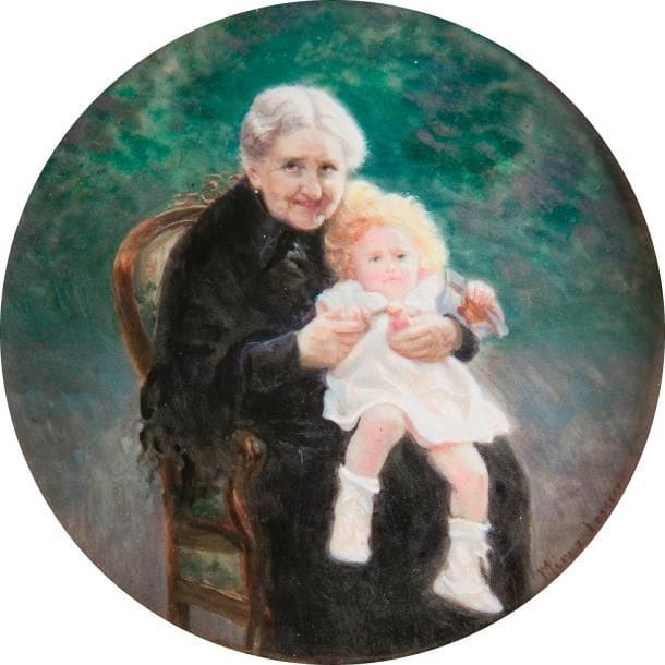 Grand-mère assise avec une petite fille, sur fond de verdure
émail avec procédé photographique signé en bas à droite : Meroz Lossier ?, à vue diam. 8 cm
Cadre en bois doré, XXe siècle, diam. 10 cm