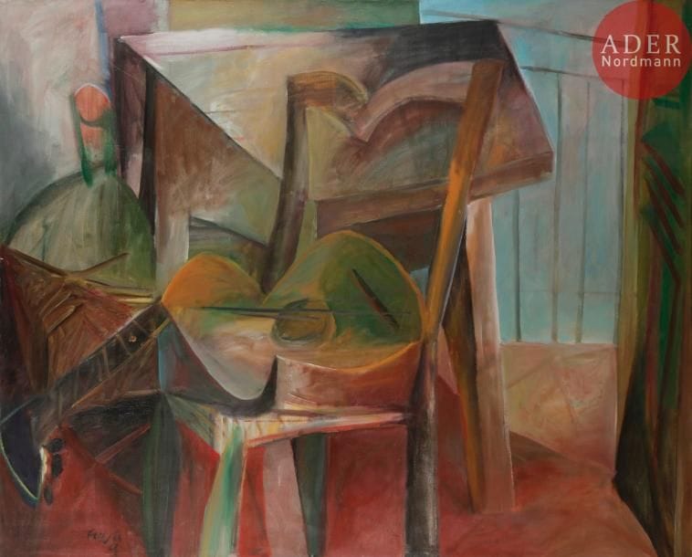 François FRANTA (né en 1930)
Nature morte à la guitare, 1963
Huile sur toile.
Signée et datée en bas à gauche.
114 x 146 cm