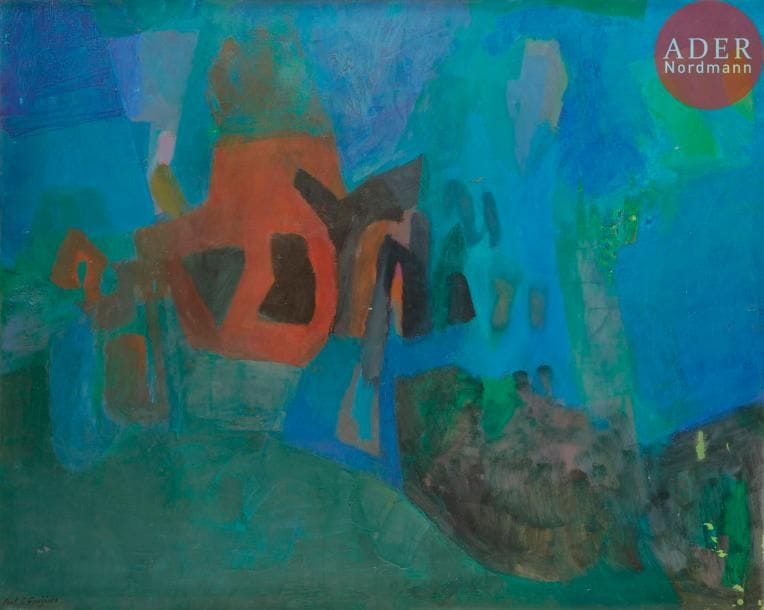 Paul Shusaku FOUJINO (1925-1982)
Composition, 1960
Huile sur toile.
Signée en bas à gauche.
Signée et datée au dos.
(Petits manques).
81 x 100 cm