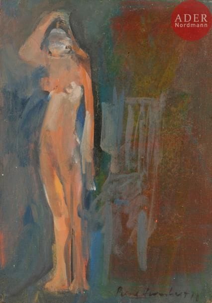 Pierre HUMBERT (né en 1929)
Nu debout, 1971
Huile sur toile.
Signée et daté en bas à droite.
Signée, datée et titrée au dos.
27 x 19 cm