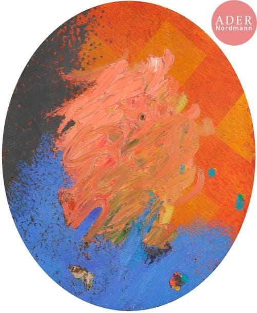Joël KERMARREC (né en 1939)
Flamme jalouse, 1984-85
Huile et collage sur toile ovale.
Signée, datée et titrée au dos.
46 x 38 cm