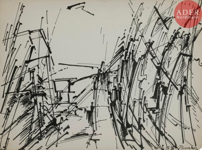 Alkis PIERRAKOS [grec] (né en 1920)
Bâtisses, 1958
Encre.
Signée et datée en bas à droite.
27 x 35.5 cm
