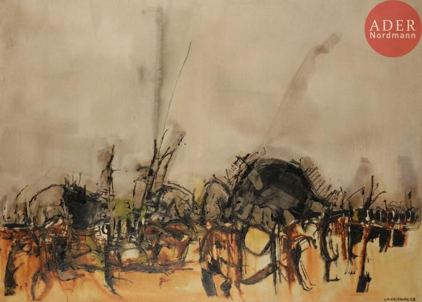 Jean-Pierre VIELFAURE (1930-2015)
Le Soleil fait homme, 1958
Huile sur toile.
Signée et datée en bas à droite.
Signée, datée et titrée au dos.
99 x 137 cm