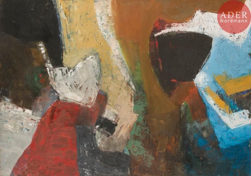 Paul Shusaku FOUJINO (1925-1982)
Composition, 1959-60
Huile sur toile.
Porte le cachet de la signature.
65 x 92 cm
Bibliographie : 
Valentine Oncins, Paul Foujino, Argenton-sur-Creuse, Éditions Tarabuste, 1995, reproduit p.13.