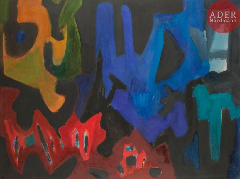 Paul Shusaku FOUJINO (1925-1982)
Suite en noir n°2, 1960
Huile sur toile.
Signée et datée en bas à gauche.
Signée en bas à droite en japonais.
Signée, datée et titrée au dos.
97 x 130 cm