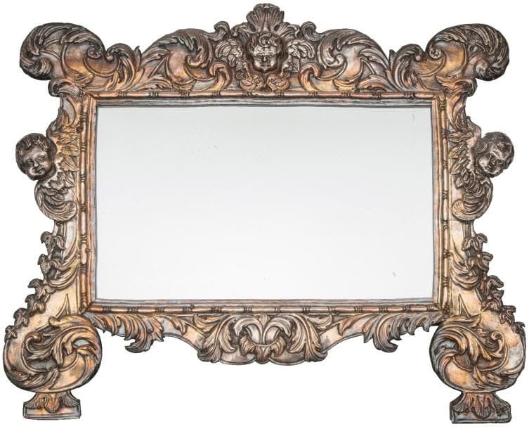 Ancien cartagloria central en métal argenté remontée en miroir postérieurement, sur âme de bois, à décor repoussé de têtes d’angelots et d’enroulements feuillagés.
Italie, XVIIIe siècle.
Dimensions : longueur : 59 cm - largeur : 48 cm