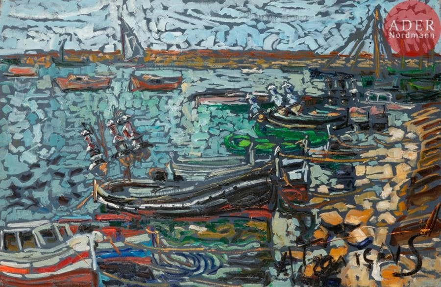 Anne FRANÇAIS (1909-1995)
Le Port de Cambril
Huile sur toile.
Signée en bas à droite.
Signée et située au dos.
60 x 92 cm