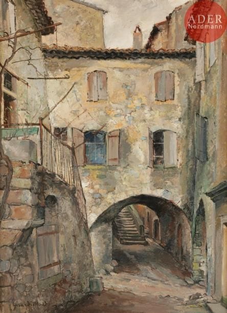 Girard Edmond-Émile dit GIRARD-MOND (1892-?)
Vieilles maisons au Pont d’Ucel
Huile sur isorel.
Signée en bas à gauche.
Titrée au dos.
73 x 54 cm