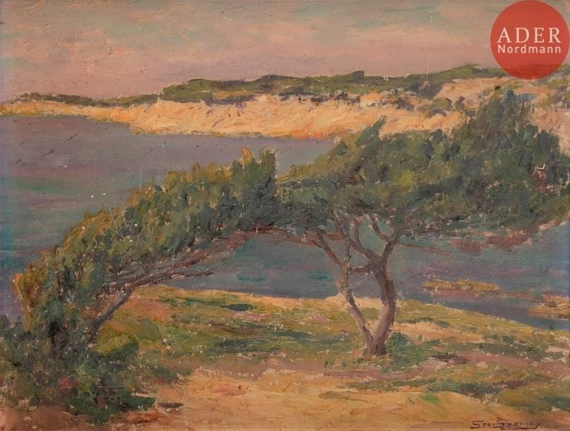 Georges L. Gyaniny dit Geo GYANINY 
(XXe siècle)
Bord de mer en Méditerranée
Huile sur panneau.
Signée en bas à droite.
27 x 35 cm