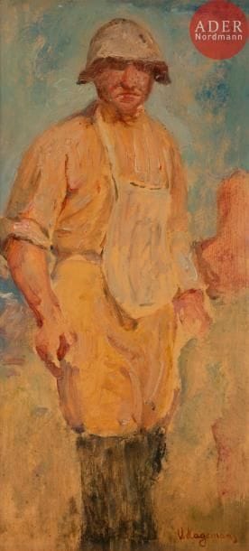 Victor HAGEMANS (1868-1928)
Paysan
Huile sur isorel.
Signée en bas à droite.
38 x 18 cm