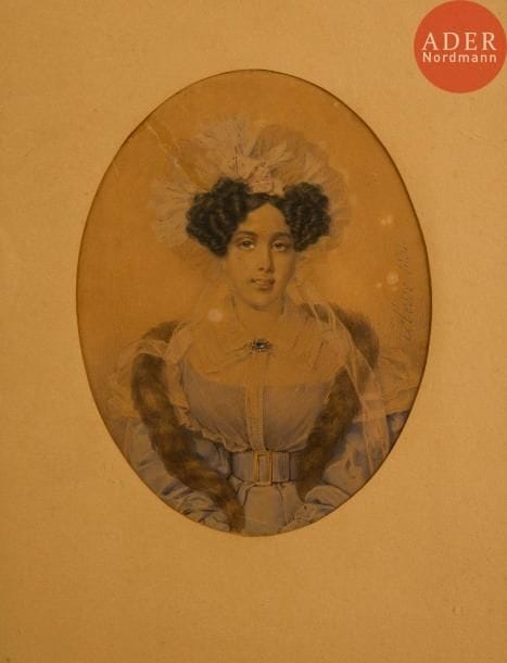 Henri Joseph HESSE (1781-1849)
Portrait de jeune femme à la broche, 1831
Aquarelle.
Signée et datée à droite.
21 x 16 cm