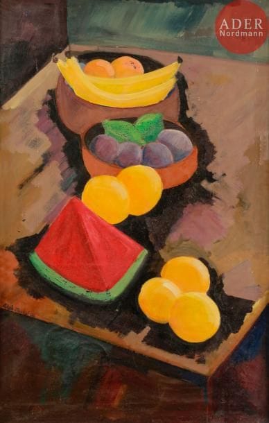Alain JOFRE (XXe siècle)
Nature morte aux fruits, 1990
Huile sur toile.
Signée et datée en bas à gauche.
80 x 52 cm