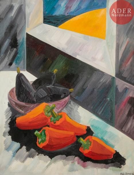 Alain JOFRE (XXe siècle)
Poivrons et aubergines, 1990
Huile sur toile.
Signée et datée en bas à droite.
Titrée au dos.
80 x 62 cm